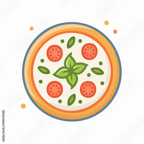 A vibrant illustration of a delicious homemade pizza with fresh tomatoes basil leaves and herbs on a white plate indoors viewed from above.