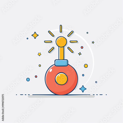 A magical glowing red lamp emits light and sparks in a whimsical setting with various colorful shapes floating around it.