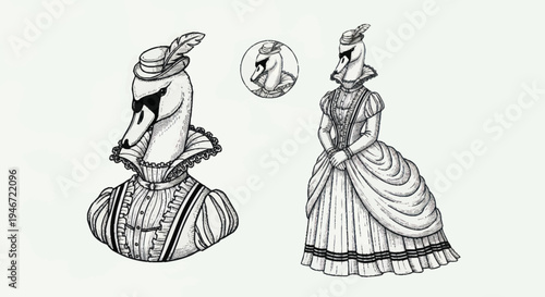 Elegant Swan Couple Dressed in Historical Aristocratic Attire.