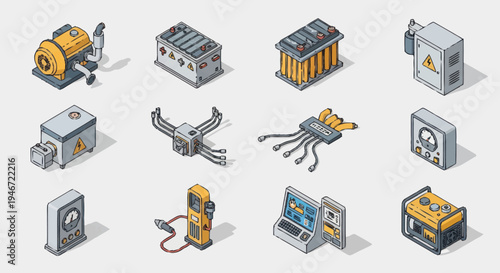 Isometric Industrial Equipment and Technology Icons Set.