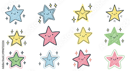Colorful cartoon stars with smiling faces and sparkles.