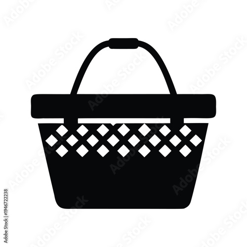 A detailed black and white shopping basket a checkered pattern silhouette vector illustration, picnic basket silhouette vector illustration