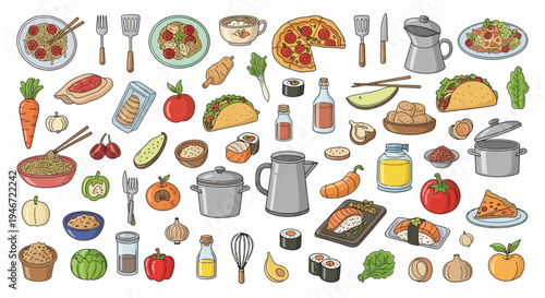 Colorful food icons featuring various dishes and kitchen utensils.