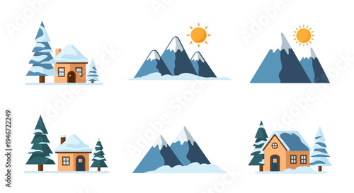 Winter landscape with snow covered houses and mountains.