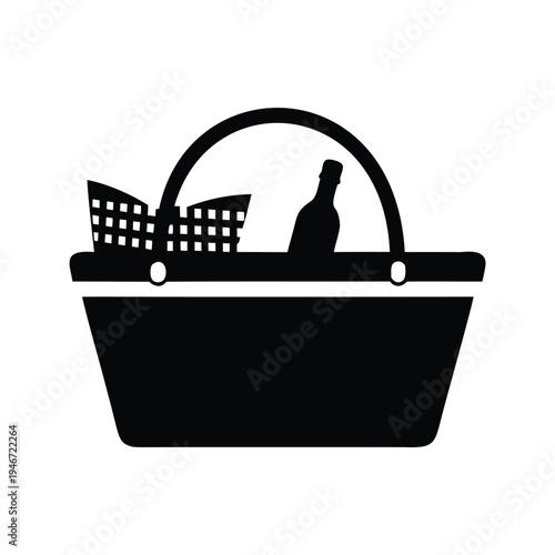 Black and white picnic basket bottle and basketware silhouette vector illustration, picnic basket silhouette vector illustration