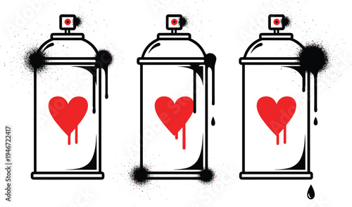 Graffiti spray paint can illustration set with red heart symbol and grunge splatter urban street art style isolated on white backgroundGraffiti spray paint can illustration set with red heart symbol a