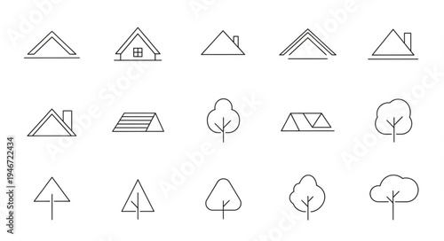 Collection of Minimalist Roof and Tree Icons for Architectural and Environmental Design.