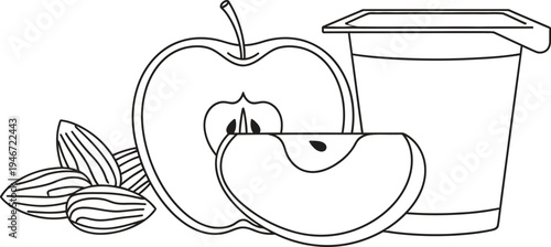 Minimalist outline illustration of a healthy snack featuring apple almonds and a yogurt cup ideal for diet and nutrition concepts