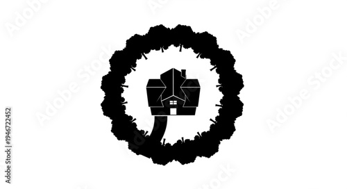 Black and White Emblem of a Building with Floral Wreath.