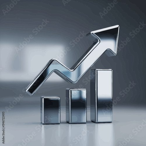 Sleek metallic bar graph with an upward arrow, powerfully symbolizing continuous financial growth, business success, and market progress. Visualizing economic prosperity and positive upward trends