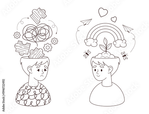 Mental Health. Boy Before and After Confusion and Growth Transformation. Coloring Page. Male Kid Anxiety and Chaos vs Harmony and Feelings Comparison. Isolated Outline Vector illustration