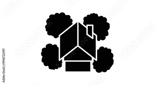 Silhouette of a house surrounded by trees, simple design.
