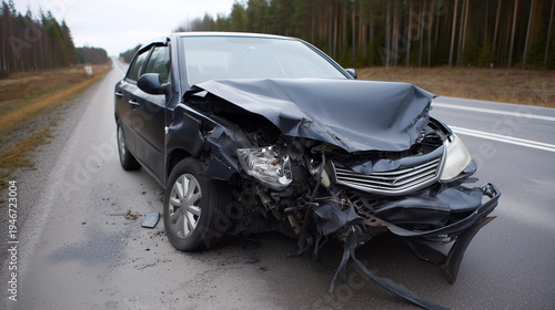 Severely damaged car after major collision showing consequences of reckless driving Wrecked passenger car with extensive front-end damage after a major road collision, crushed hood