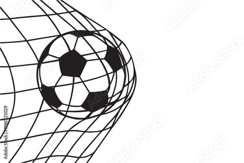 Vector illustration of a soccer ball entering the goal net, capturing the exciting goal moment with dynamic motion lines and simple clean sport design style.