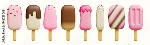 3d ice cream stick bar vector set illustration isolated