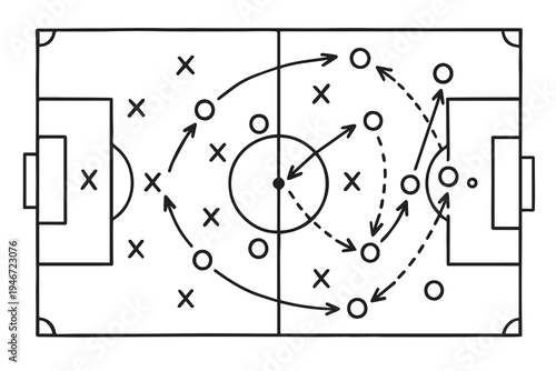 Vector illustration of a football strategy sketched on a chalkboard, featuring monochrome field markings, player icons, and arrows explaining tactics and team movement.