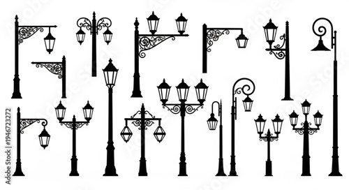 Collection of Vintage Street Lamp Silhouettes Isolated on White Background.