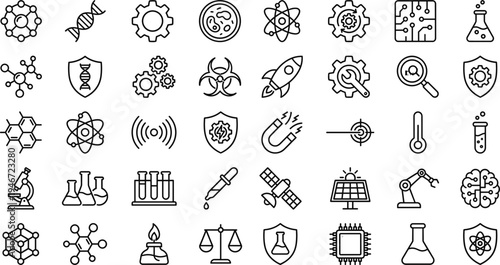 Science and technology line icons collection with laboratory research symbols chemistry physics innovation outline set flat vector illustration