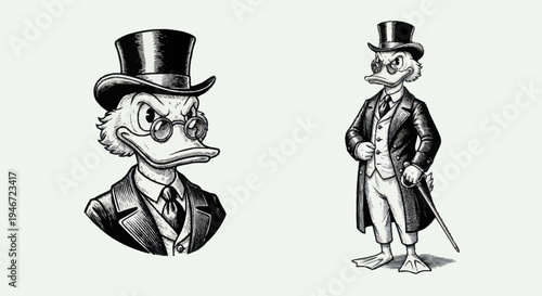 Vintage Duck Gentleman in Formal Attire and Top Hat.