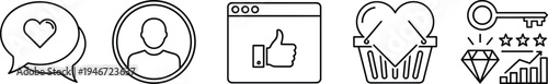 Social media engagement icons like comment profile love basket key rating growth outline flat vector illustration set