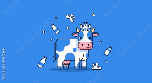 Cute Dairy Cow with Milk Bottles Fun Farm Illustration
