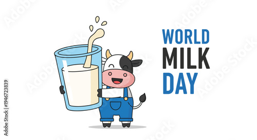 Cute Cow Holding Big Glass of Milk World Milk Day Illustration