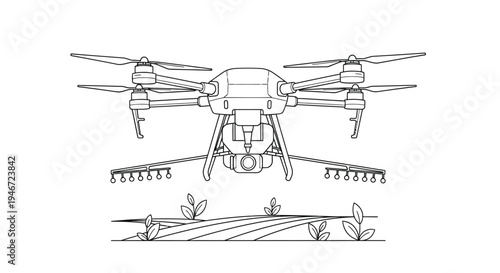 Line drawing of a drone hovering over a field with sparse vegetation