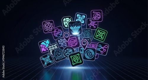 Futuristic Icons Floating in a Digital Space with Neon Glow.