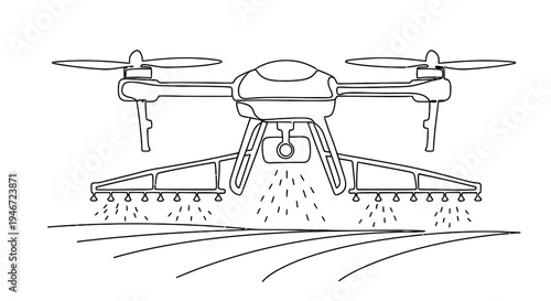 Line drawing of a drone equipped for agricultural spraying over fields