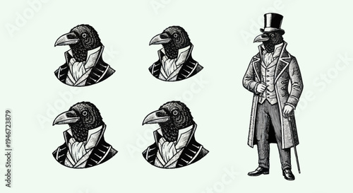 Vintage Raven Man Illustration with Multiple Heads.