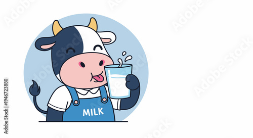 Happy Cow Drinking Glass of Milk Cute Dairy Illustration