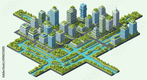 Isometric Pixel Art Cityscape with Green Buildings and Waterways