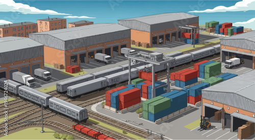 Logistics Hub: Cargo Trains, Containers, Warehouses, Trucks, and Cranes in Industrial Zone