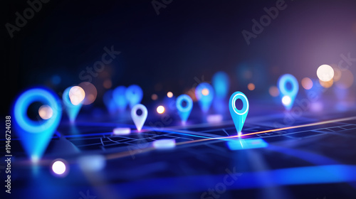 Local marketing map concept with glowing pins, search symbols and business listing icons Abstract digital map scene with bright location pins, search interface symbols, business li