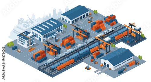 Industrial logistics hub with trains, containers, and warehousing in isometric view.