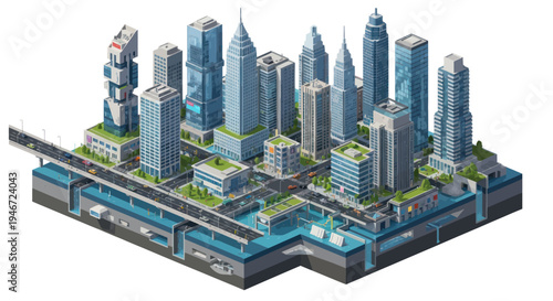 Isometric Cityscape with Skyscrapers, Roads, and Underground Infrastructure