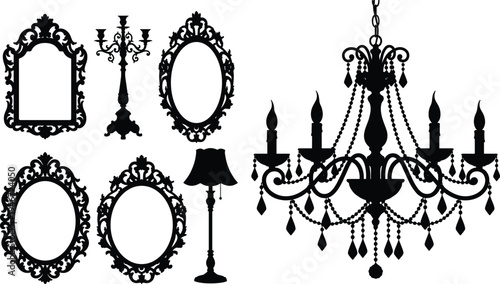 Vintage chandelier lamp and ornate mirror frames silhouette collection classic baroque interior decoration elements flat vector illustration set