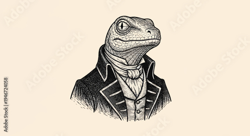 Anthropomorphic Lizard Dressed in Victorian Gentleman Attire.