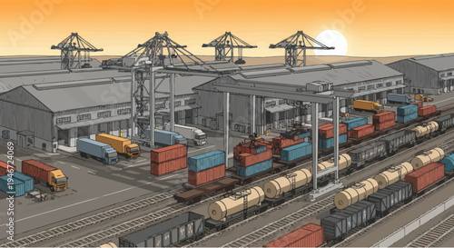 Industrial Shipping Port with Cranes, Trains, Trucks, and Shipping Containers at Sunset