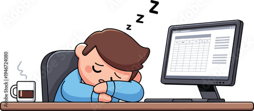 Exhausted office worker sleeping at desk with computer and coffee, workplace fatigue burnout overtime stress concept cartoon vector illustration
