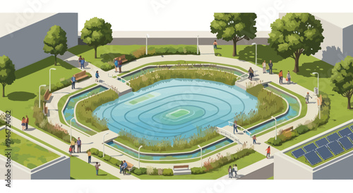 Urban ecological park with pond, walking paths, solar panels, and people.