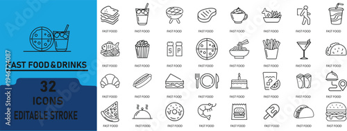 Fast Food and Drink Line Icons Set.Contain to related icons Fries, Coffee Burger, Pizza,, Dessert and More.Outline Icon Collection. Vector illustration. Editable stroke