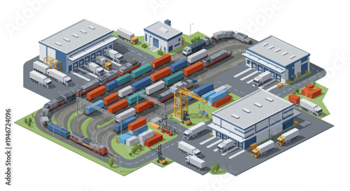 Isometric Logistics Hub: Cargo Containers, Trains, Trucks, Warehouses, Cranes