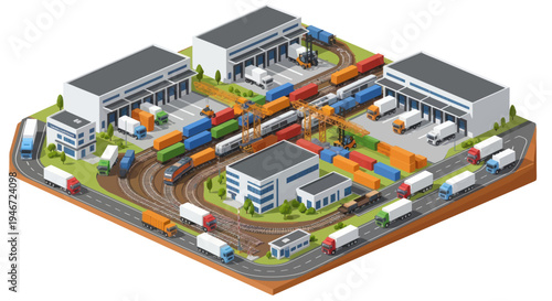 Logistics Hub: Isometric View of Cargo Containers, Trucks, and Trains in a Distribution Center
