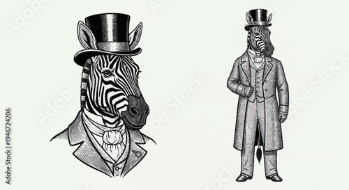 Vintage Zebra and Man in Formal Attire.