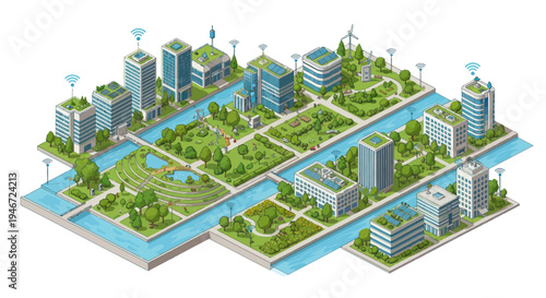 Smart City Isometric View: Sustainable urban landscape with green buildings, parks, and technology.