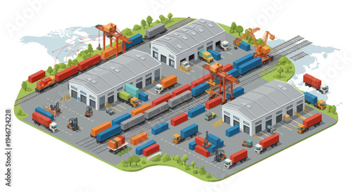 Logistics Hub: Isometric View of Cargo Containers, Trucks, Trains, Cranes, and Warehouses