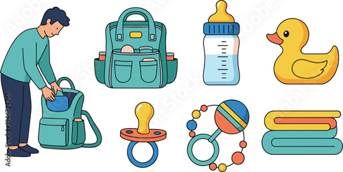 Set of baby care and travel essentials icons featuring a diaper bag milk bottle rubber duck pacifier and father packing a backpack in colorful cartoon style.
