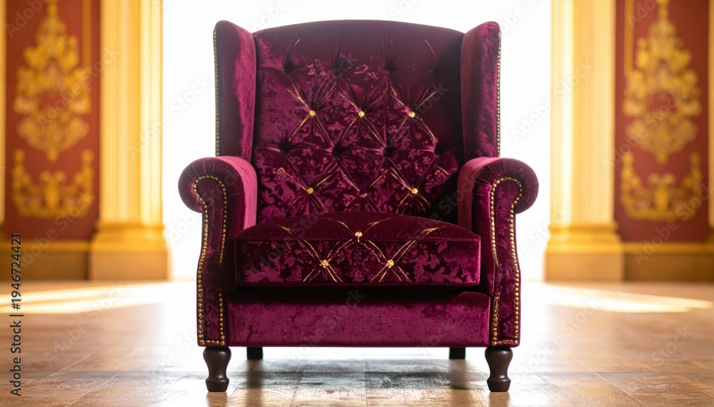 Naklejka premium Luxurious Deep Burgundy Velvet Wingback Armchair with Gold Floral Embroidery and Tufted Detailing