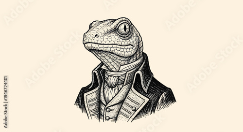 Anthropomorphic Lizard Dressed in Victorian Gentleman Attire.